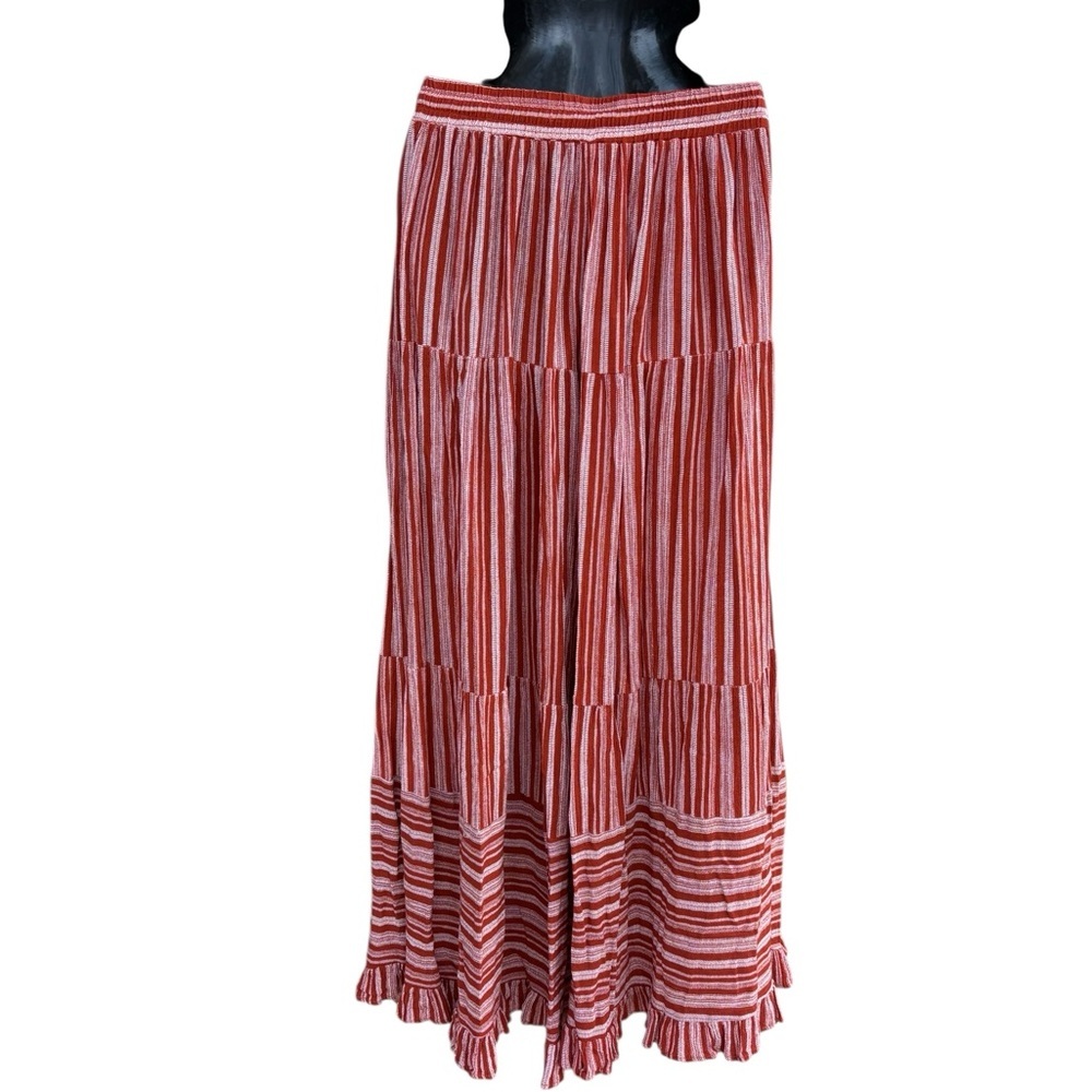 DAVI & DANI RUST STRIPE
RUFFLE CASUAL PANT sz small pockets preloved boho - Picture 12 of 13